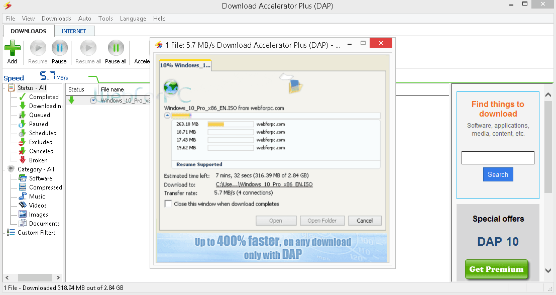 برنامج Download Accelerator Plus, ويندوز