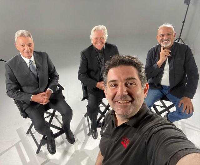 جمال سليمان وحسين فهمي ومحمود حميدة وعثمان أبو لبن يجتمعون أثناء تصوير أفيش فيلم "الكاهن"