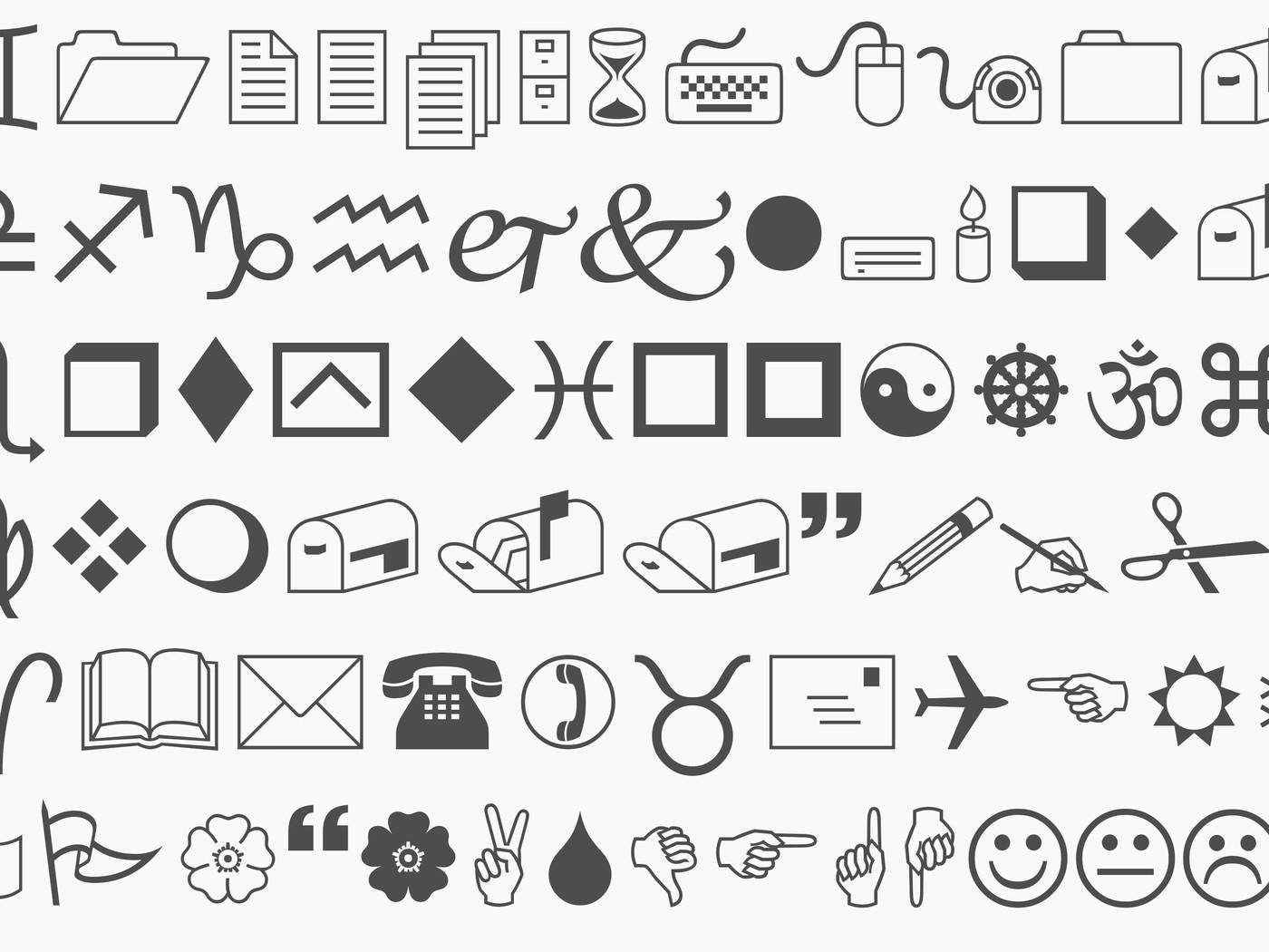 بعض من الرموز الموجودة في خطّ "wingdings"