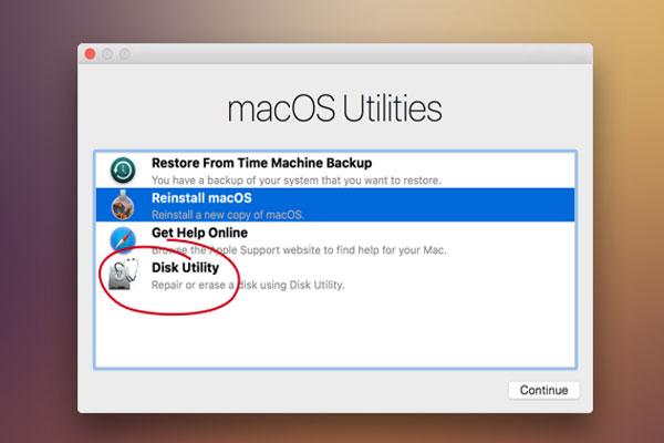 الوصول إلى Disk Utility عبر برنامج تثبيت نظام ماك