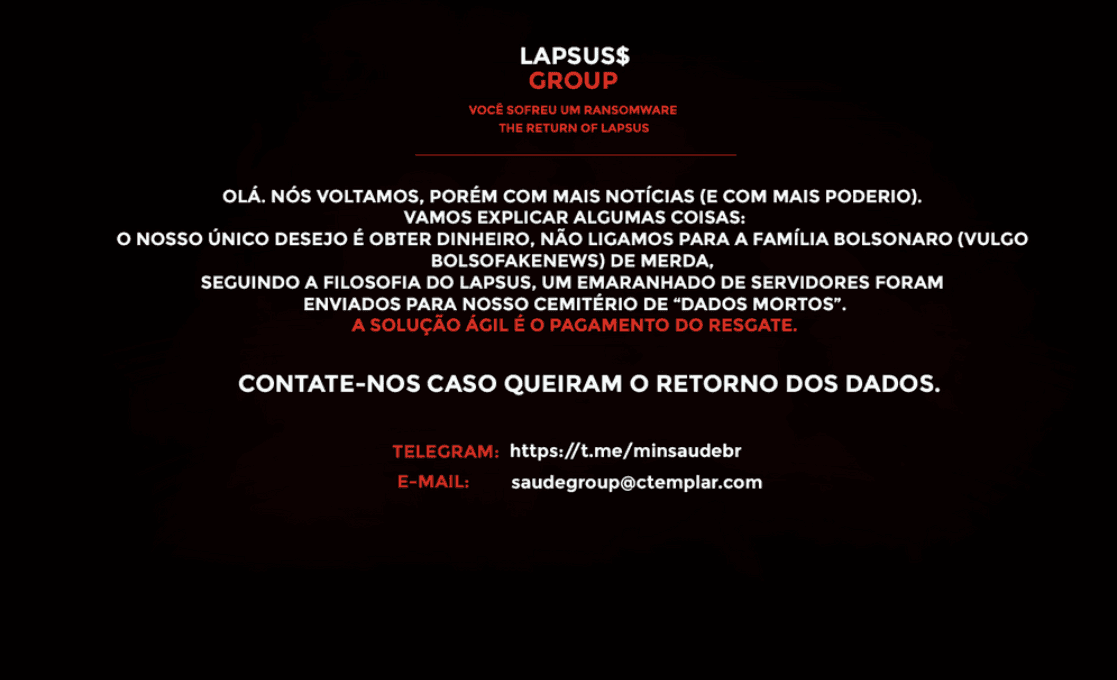 رسالة lapsus$ على موقع وزارة الصحة البرازيلية 