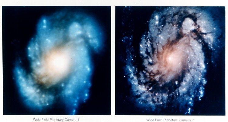 المجرة اللولبية M100 صورة التقطها مرصد هابل وهنا مقارنة لدقة الصورة قبل وبعد تصحيح البصريات