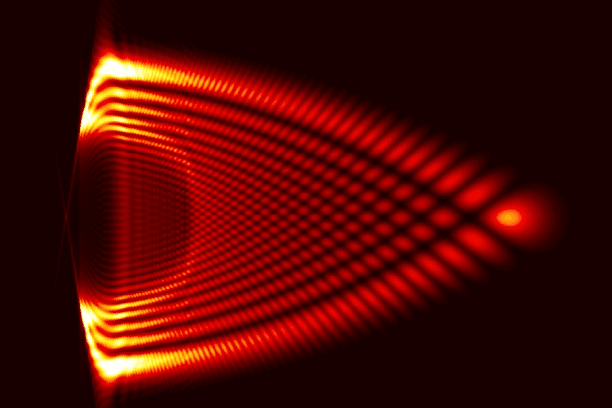 ميكانيكا الكم - صورة تخيلية وفقاً للتجربة تُظهر جزيئات الضوء مُكونة موجة بنمط متداخل