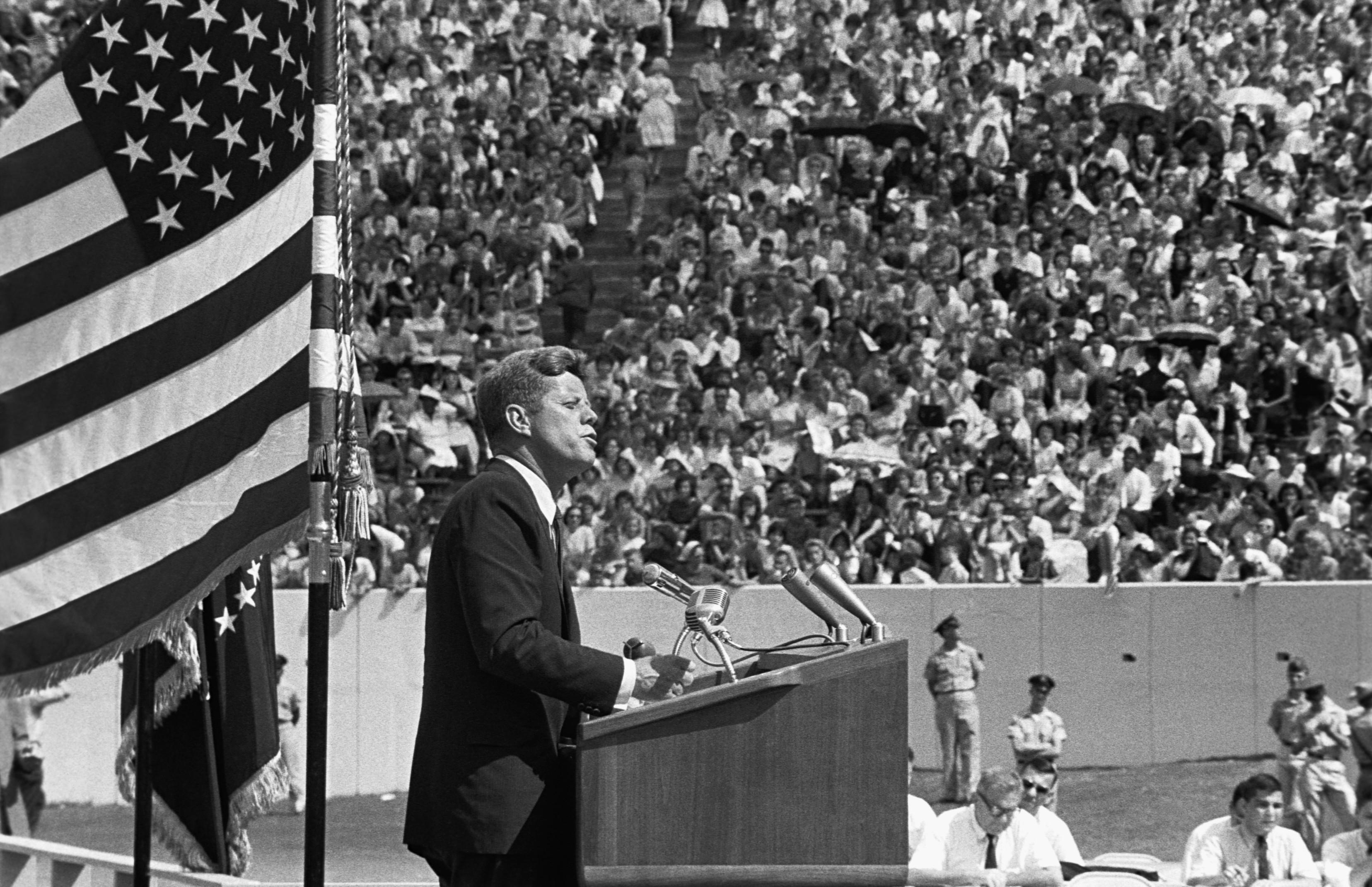 12 Sep 1962, Rice University, Houston, Texas, USA --- President Kennedy gives his 'Race for Space' speech at Houston's Rice University. Texas, September 12, 1962. --- Image by © CORBIS