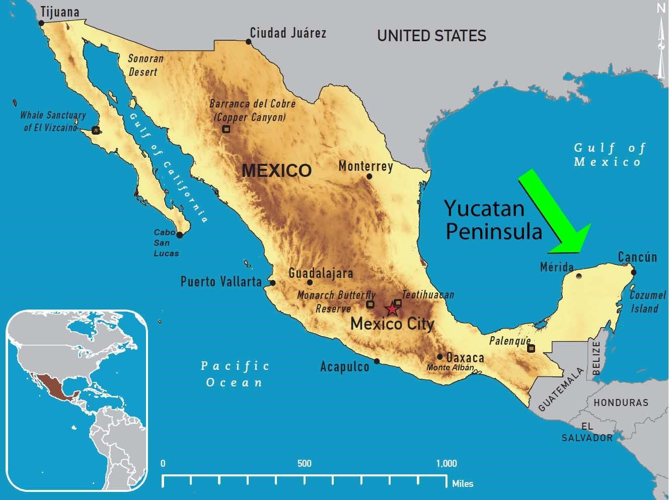 خريطة توضح موقع شبه جزيرة يوكاتان، موطن شعب المايا قديما
