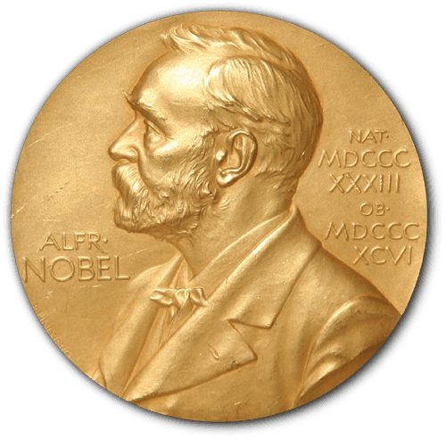 القلادة الذهبية التي تمنح للفائزين بالجائزة وعليها صورة ألفرد نوبل