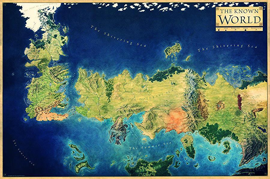 خريطة لـ"عالم الجليد والنار" من كتاب "The Lands of Ice and Fire: Maps from King's Landing to Across the Narrow Sea" الصادر عام 2012، من تأليف ر. ر. مارتن ورسوم جوناثان روبرتس.