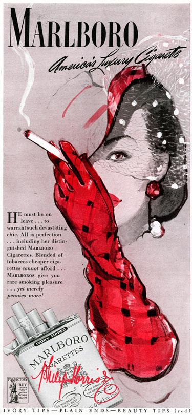 ملصق إشهاري لشركة مارلبورو (1943) يسوّق للسيجارة كأسيسوار للنساء