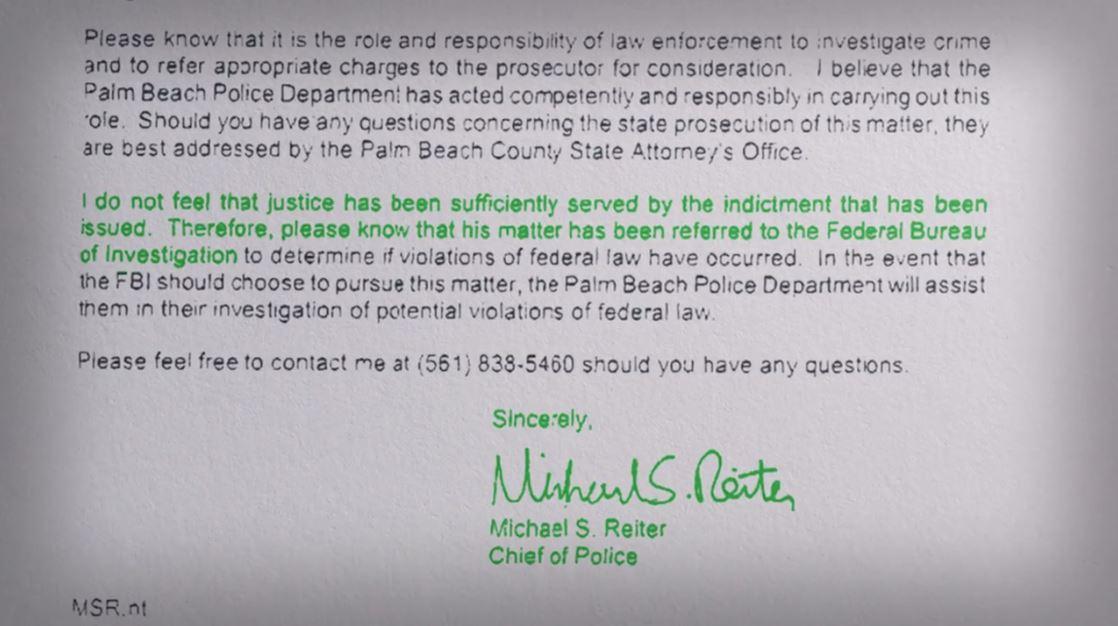 جزء من رسالة رئيس قسم شرطة بالم بيتش لأهالي الضحايا - جيفري إيبستين
