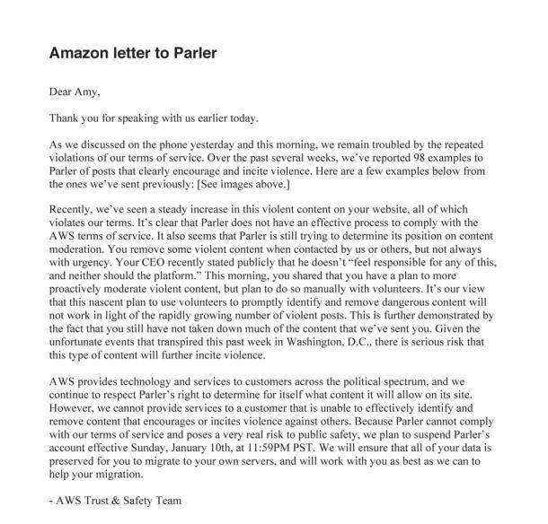 رسالة شركة آمازون إلى تطبيق بارلر تعلمها فيها بقرارها بإلغاء التعامل معها.