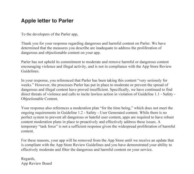 رسالة شركة آبل إلى تطبيق بارلر تعلن فيها قرارها بحظر التطبيق على المتجر وتوضح سبب ذلك.