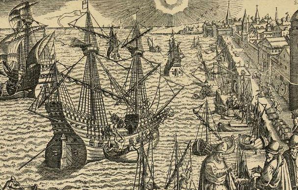 رسم توضيحي لأسطول ماجلان وهو يستعد للإبحار عام 1519