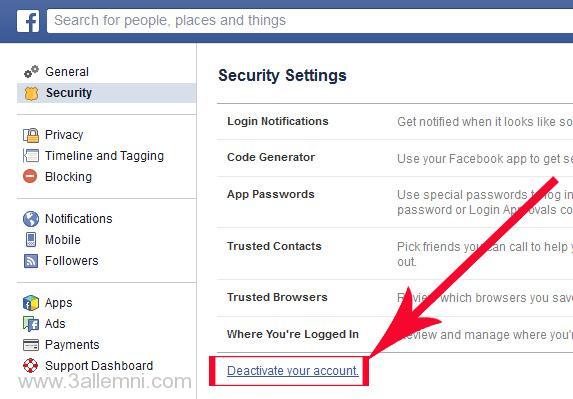 قفل حساب فيس بوك باستخدام متصفح الإنترنت