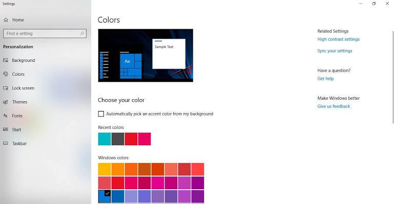 تخصيص الألوان في نظام ويندوز 10