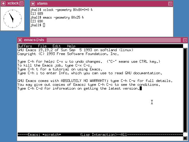 TWM on SLS 1.05 showing xterm, xclock, and the Emacs editor