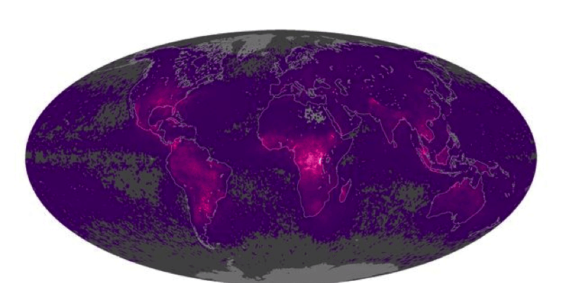 خريطة لمُعدل البرق السنوي في الكيلومتر المربع الواحد منذ عام 1995 حتى العام 2013 المصدر: ناسا