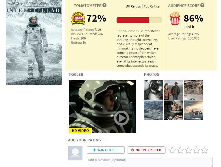 موقع Rotten Tomatoes - نموذج لتقييم أحد الأفلام