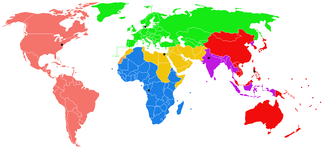 تقسيم العالم لأقاليم جغرافية بحسب منظمة الصحة العالمية لمراقبة تفشي الأوبئة الإنفلونزا الإسبانية