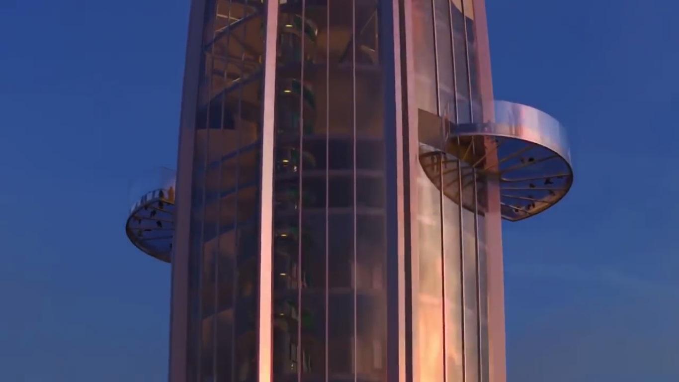 برج خور دبي - صورة تبيّن الشرفات الدوّارة المنبثقة عن هيـكل البرج