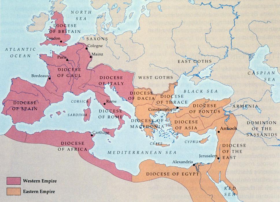خريطة توضح حدود الإمبراطورية الرومانيّة الشرقيّة والغربيّة