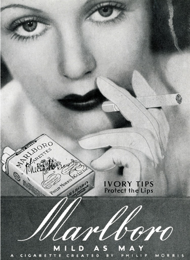 ملصق إشهاري لشركة مارلبورو (1935) هدفه الترويج للتدخين بين النساء 