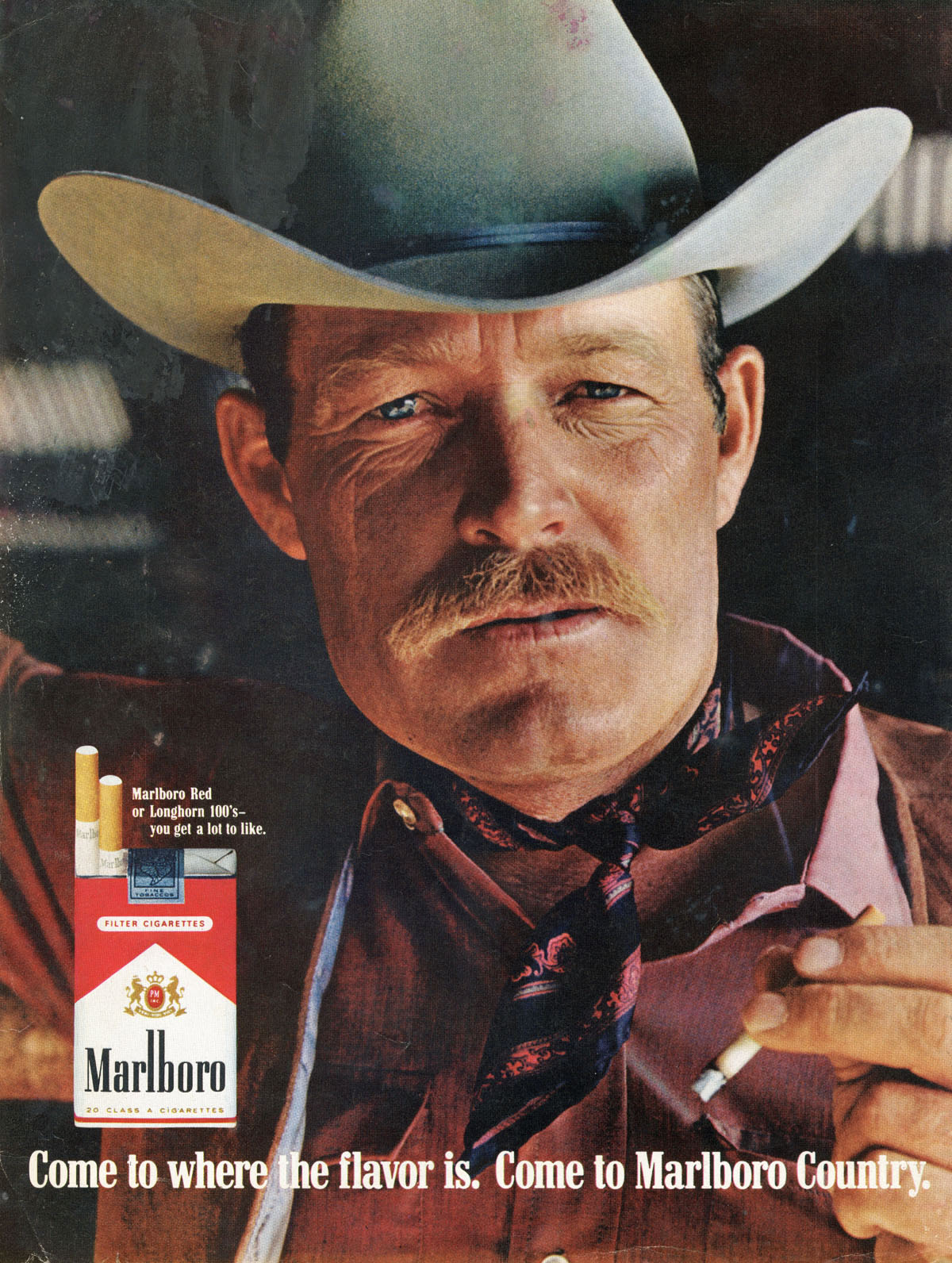 ملصق إشهاري لشركة مارلبورو يسوّق السيجارة للرجال باستعمال شخصية راعي البقر (1969)