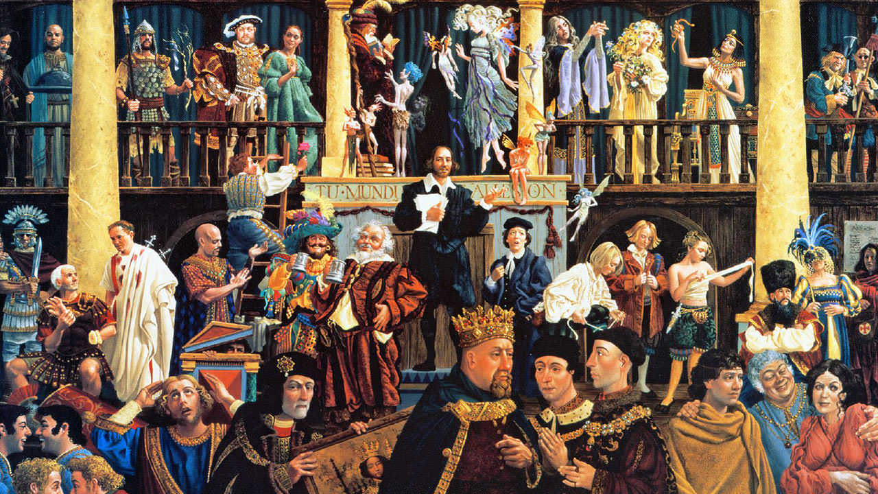 لوحة تجسد شخصيات شكسبير وهو يتوسطهم - هاملت أمير الدنمارك مسرحية شكسبير الشهيرة